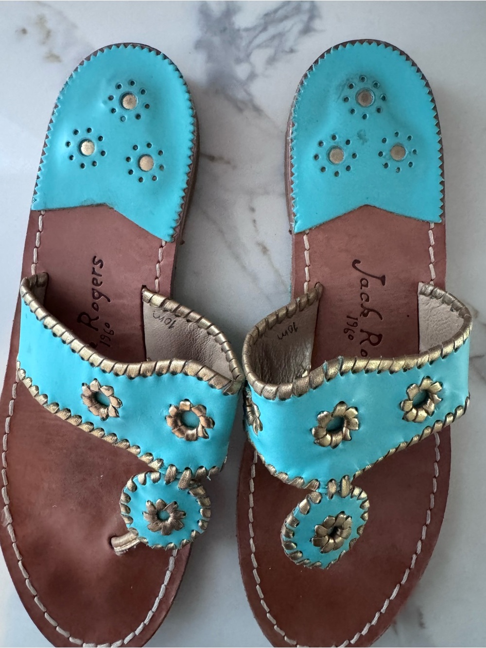 Jack Rogers Turquoise and Gold Leather Slide Sandals